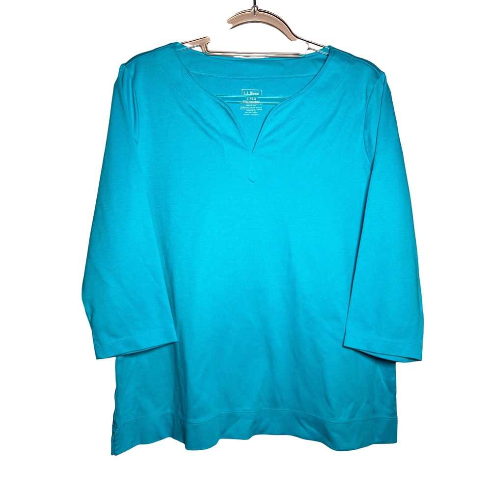 LL Bean Women's Large Teal Blue Supima Cotton 3/4 Sleeve Split Neck V Neck Top